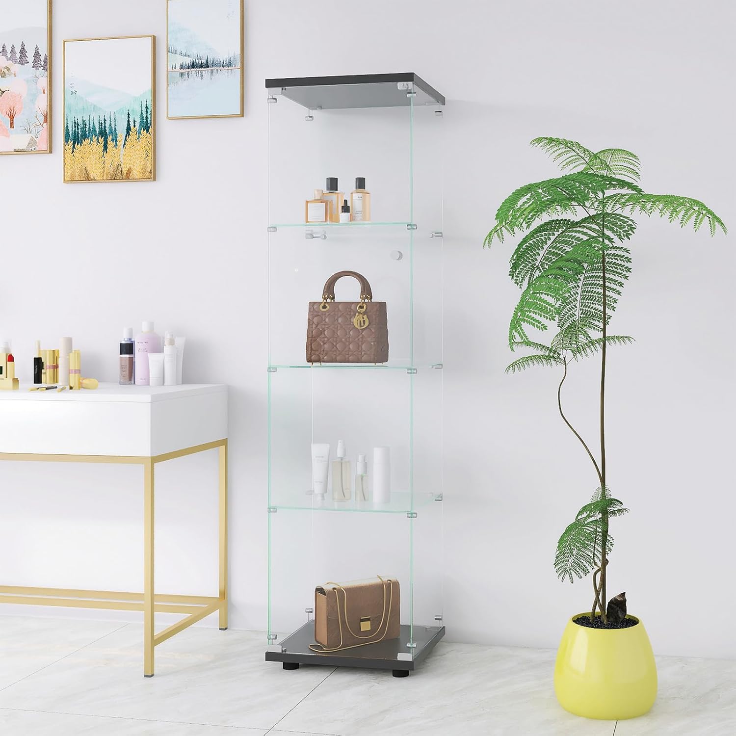 Glass Display Cabinet 4 Shelves with Door, Tempered Glass Curio Cabinet K215
