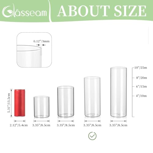 Glasseam Glass Cylinder Vases for Centerpieces, Small Clear Flower Vase Set of 12, 6in Z467