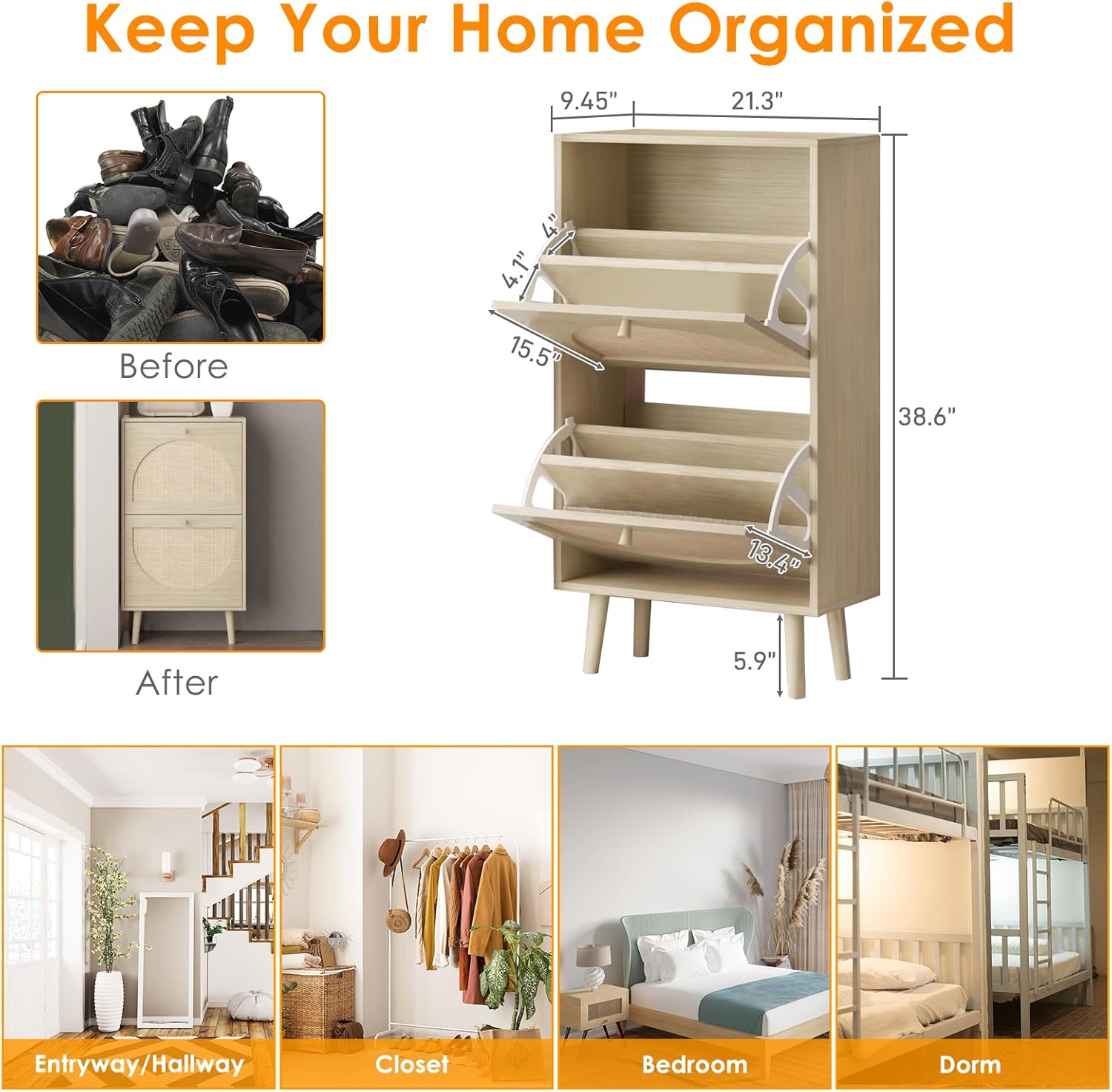 Slim Shoe Cabinet with 2 Flip-Drawers, Rattan Shoe Storage for Entryway C995817
