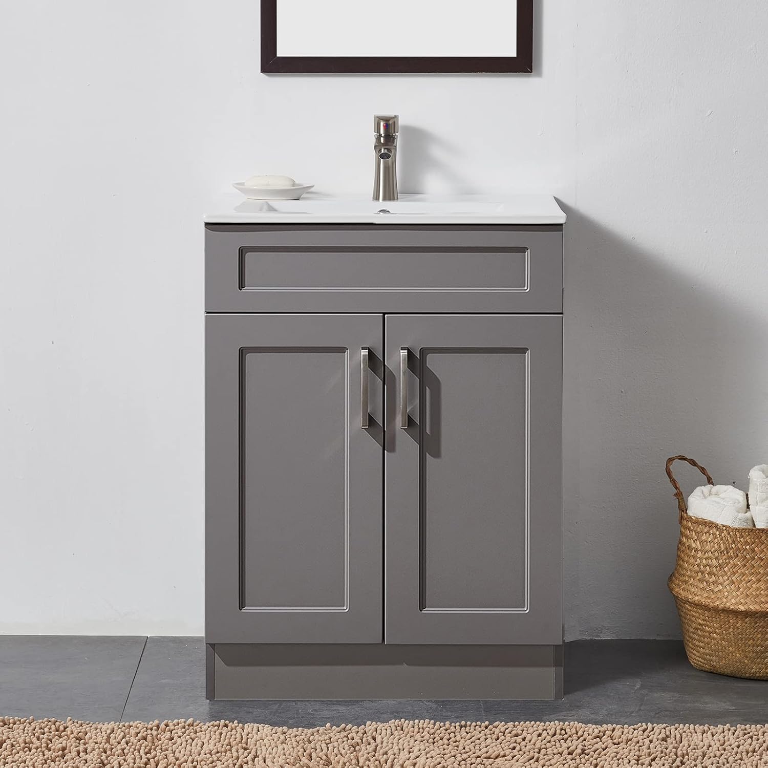 24 Inch Bathroom Vanity, Small Bathroom Vanity with Sink, Gray Bath Vanity Sink Set, Bathroom Vanity Cabinet with White Ceramic Vessel Basin Top