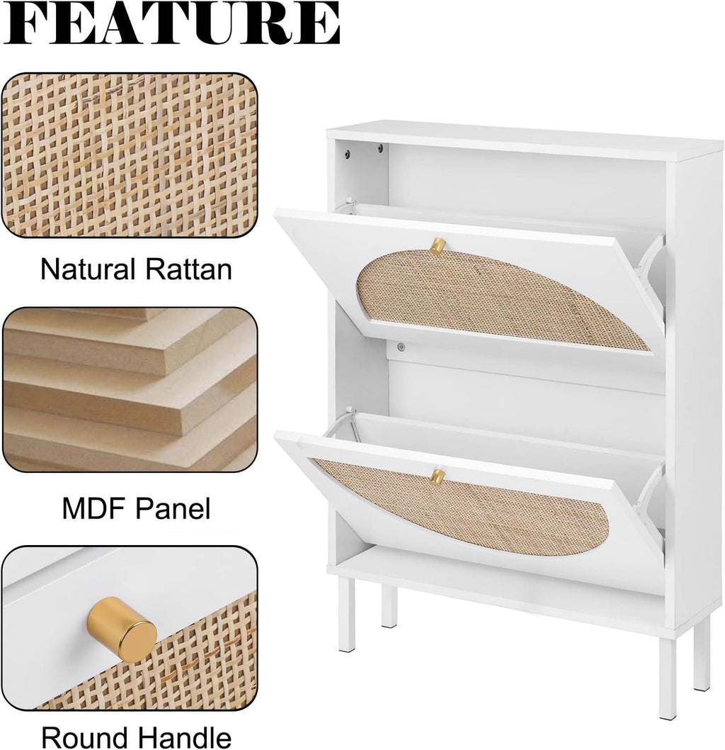 Yoluckea Rattan Shoe Cabinet with 2 Flip Drawers, White X3688