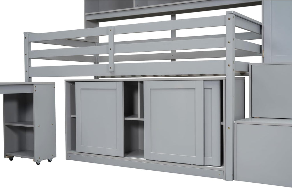 Twin Size Loft Bed for Kids with Desk, Storage Stairs and Wardrobe, Gray P5870