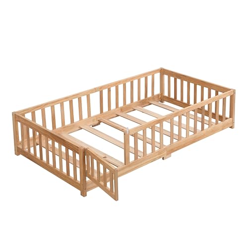 Twin Size Floor Bed with Door, Solid Wood Montessori Bed with Rails and Slats E36819