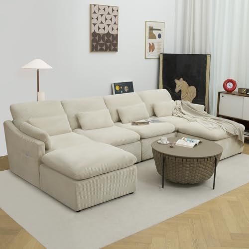 Modular Sectional Sofa, Cloud Couches with Fluffy Corduroy, Convertible U Shaped Couch with Ottomans, Comfy Oversized 4 Seater Sofa Couch Set with Chaise for Living Room