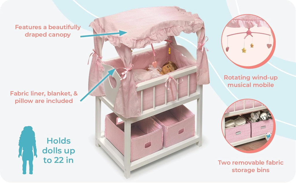 Badger Basket Toy Doll Bed with Storage Baskets and Musical Mobile, White/Pink R614082
