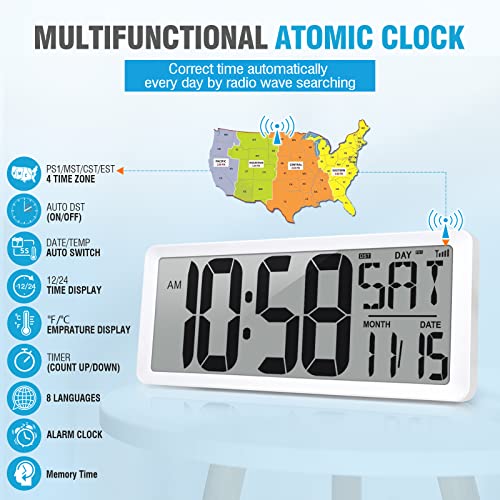 14.2" Digital Atomic Wall Clock Auto Backlight Battery Operated L25405