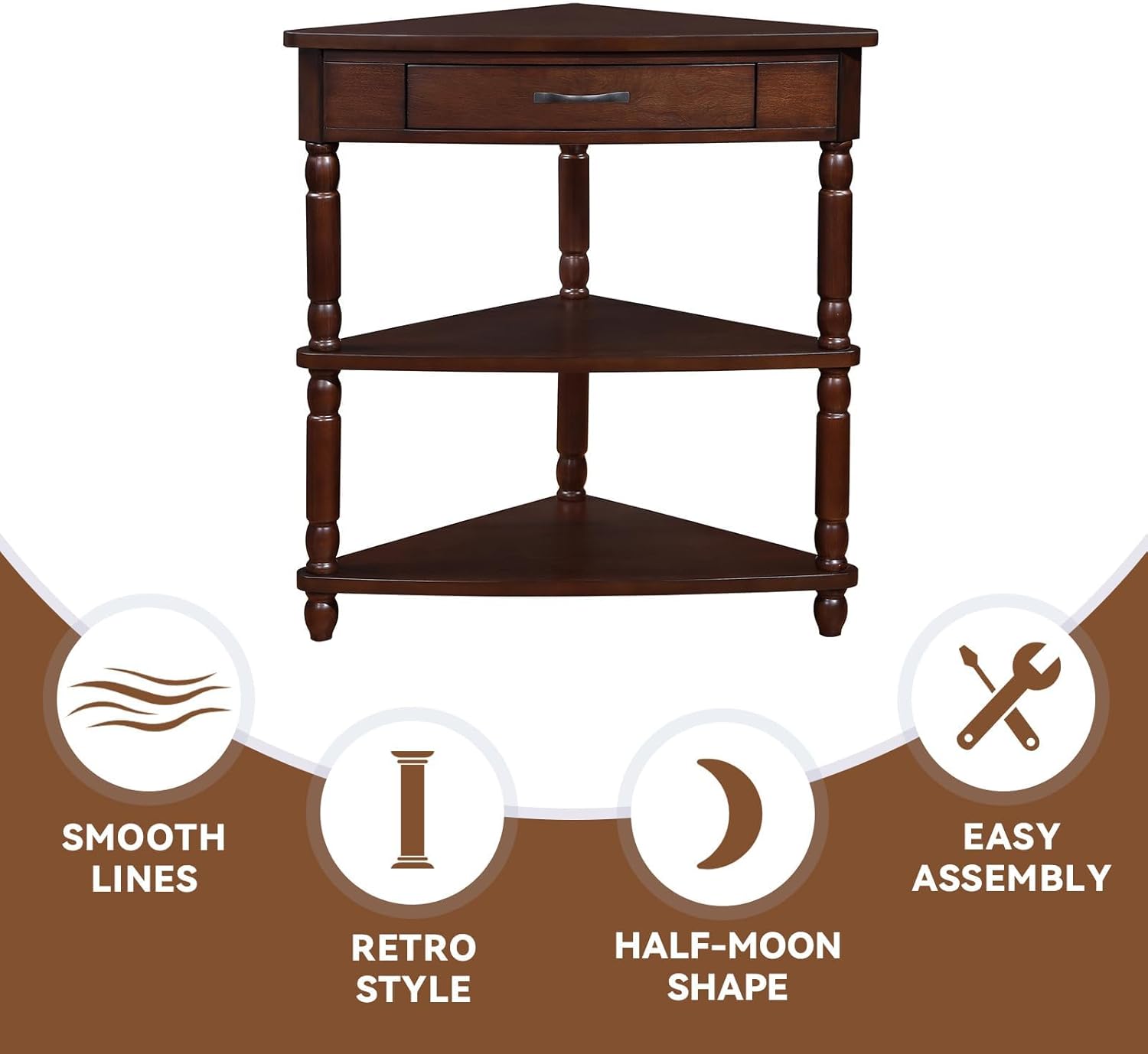 Classical Triangle Corner Table with Storage Drawer, Solid Wood Legs U847779