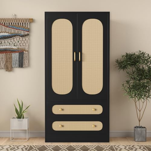 2 Door Rattan Wood Wardrobe with Drawers & Hanging Rail, Black A31157