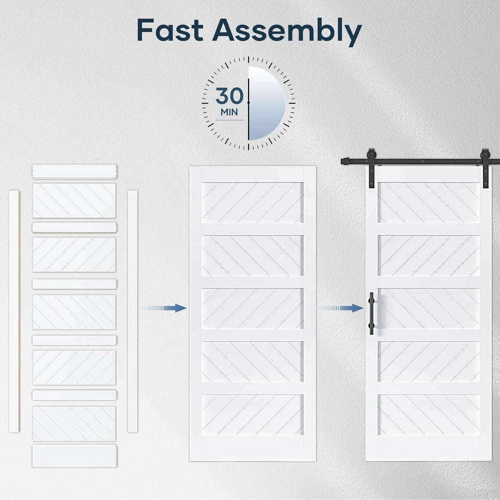 EaseLife 36in x 84in White Barn Door with Sliding Hardware Kit, MDF, 5-Panel E2923