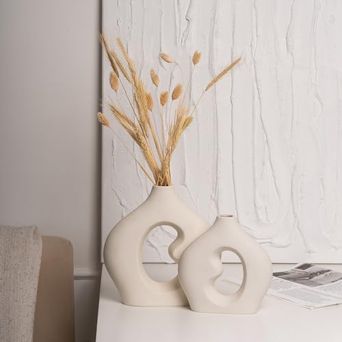 Nordic Flower Vase Set of 2, Ceramic White Vases for Modern Farmhouse Decor I363200