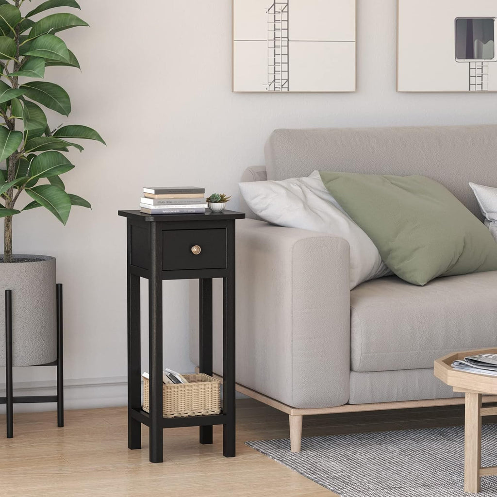 GORELAX Narrow End Table Set of 2 with Drawer & Shelf, Black V9015