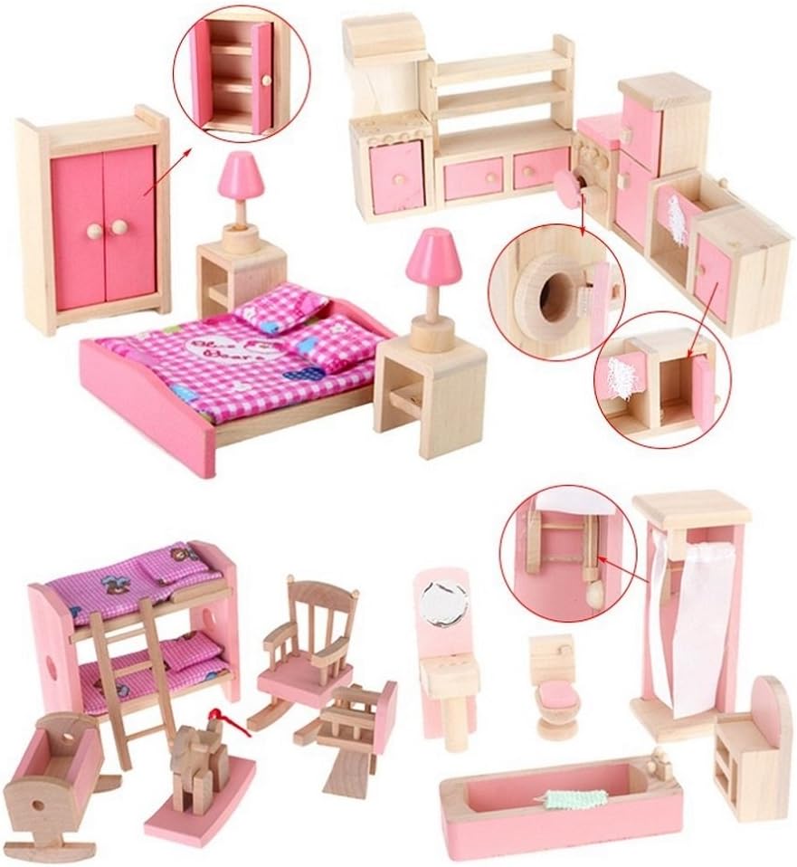 Wooden Dollhouse Furniture Set for Kids, Pink V808