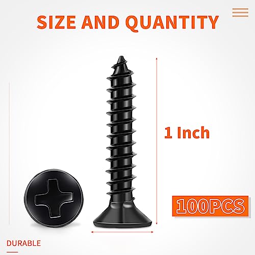 100 PCS #4 x 3/8 inch Stainless Steel Wood Screws, Black Coated Flat Head Phillips by TPOHH Q403558