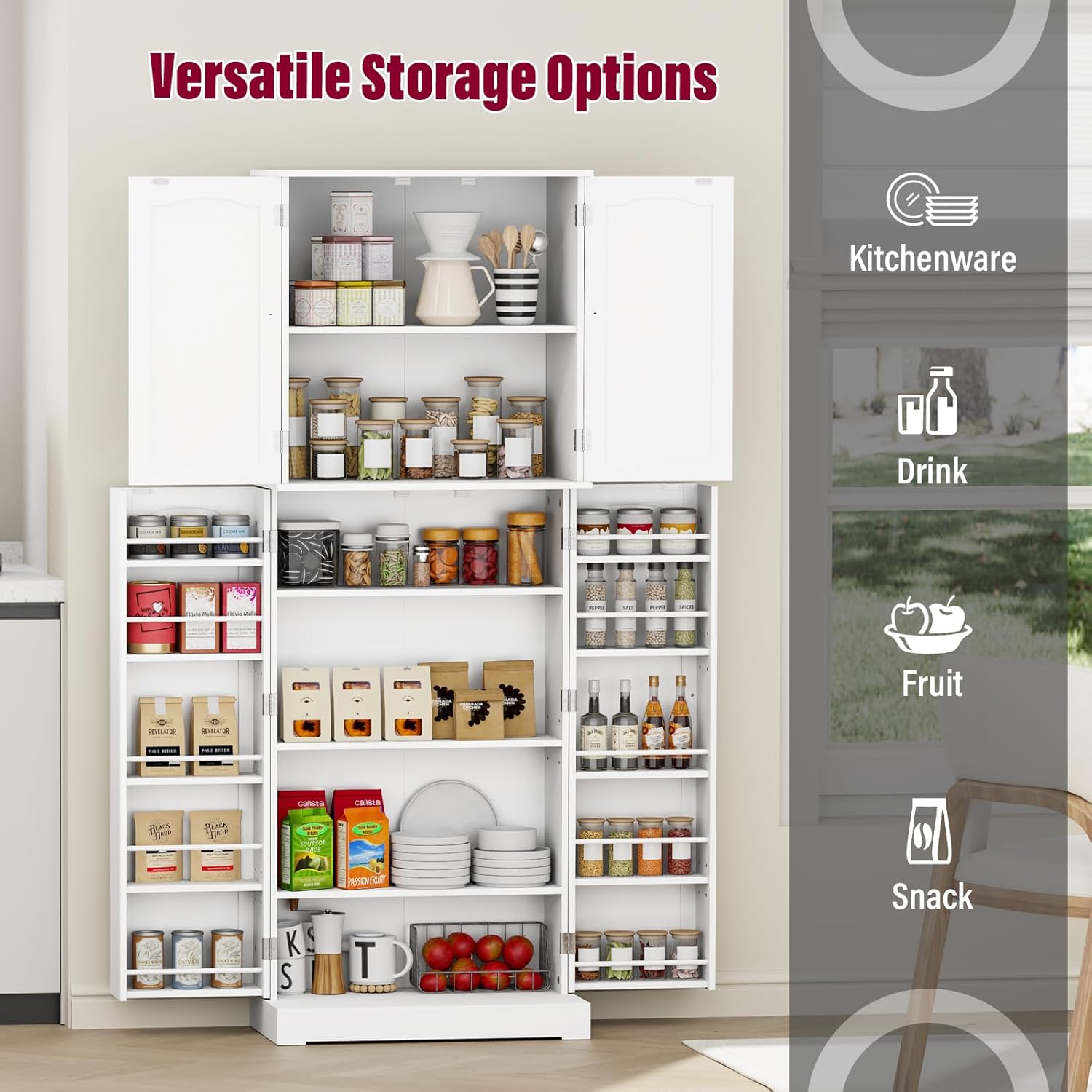HOME BI 64" Kitchen Pantry Cabinet, Freestanding with Doors and Shelves, White E794
