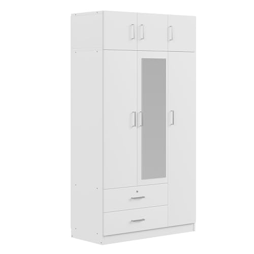 White 3-Door Wardrobe Closet with Drawer and Top Cabinet J149796