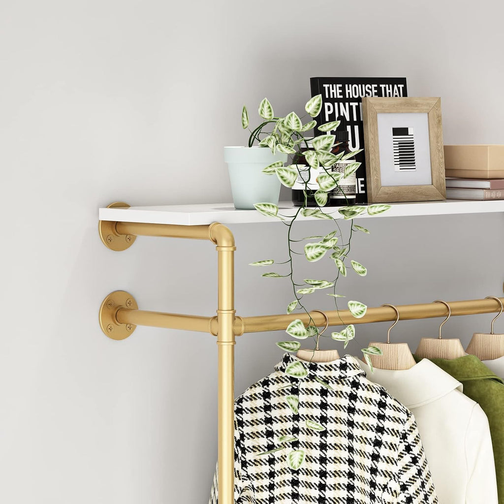 HOMEKAYT Industrial Wall Mounted Clothing Rack with 2-Tier Wooden Shelves, Gold Y32039