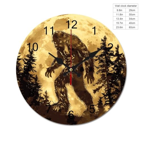Bigfoot Sasquatch Golden Moon Wall Clock Silent Non-Ticking Wooden 40cm R8352