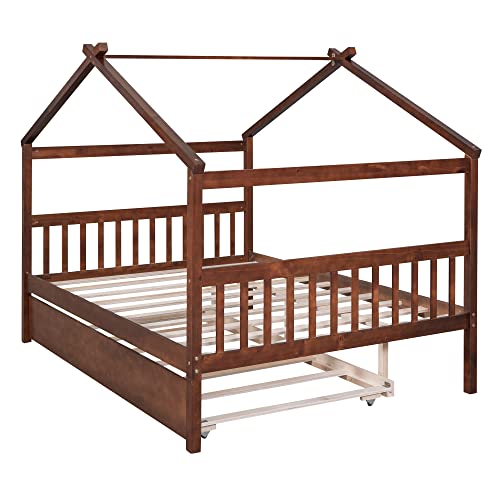 Full Size House Bed for Kids with 2 Drawers, Solid Wood, Gray Q110