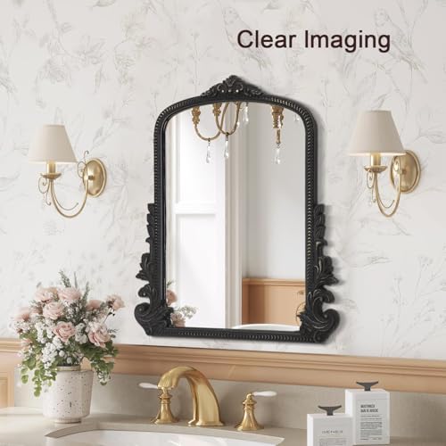Black Antique Arched Wall Mirror Wooden Frame Baroque Style R6980