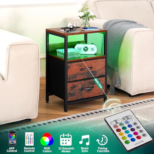 Yoobure Nightstand with Charging Station, LED Light, Fabric Drawers U936