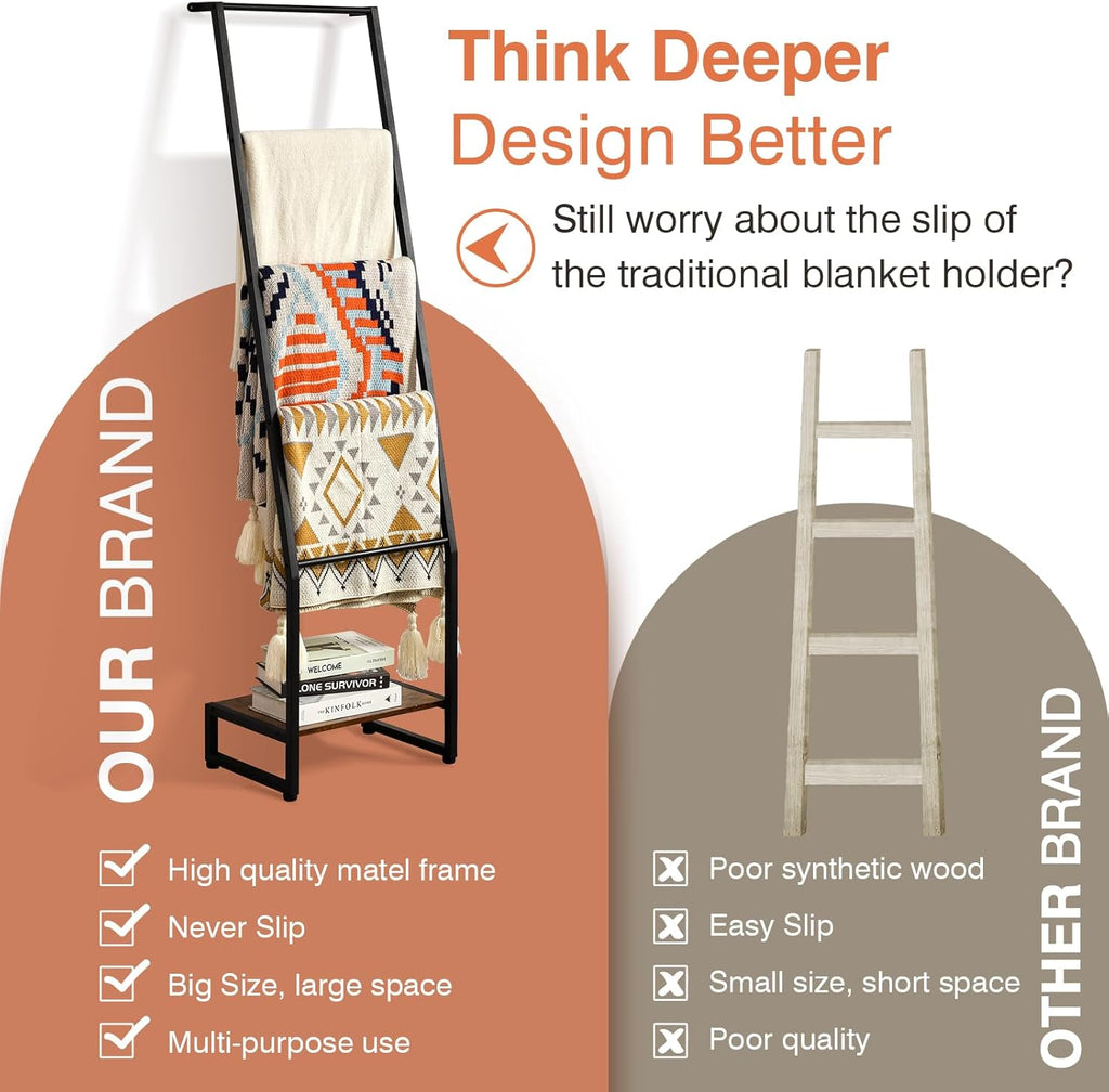 5 Tier Wooden Blanket Ladder for Living Room Bedroom Storage, Rustic Brown and Black R86079
