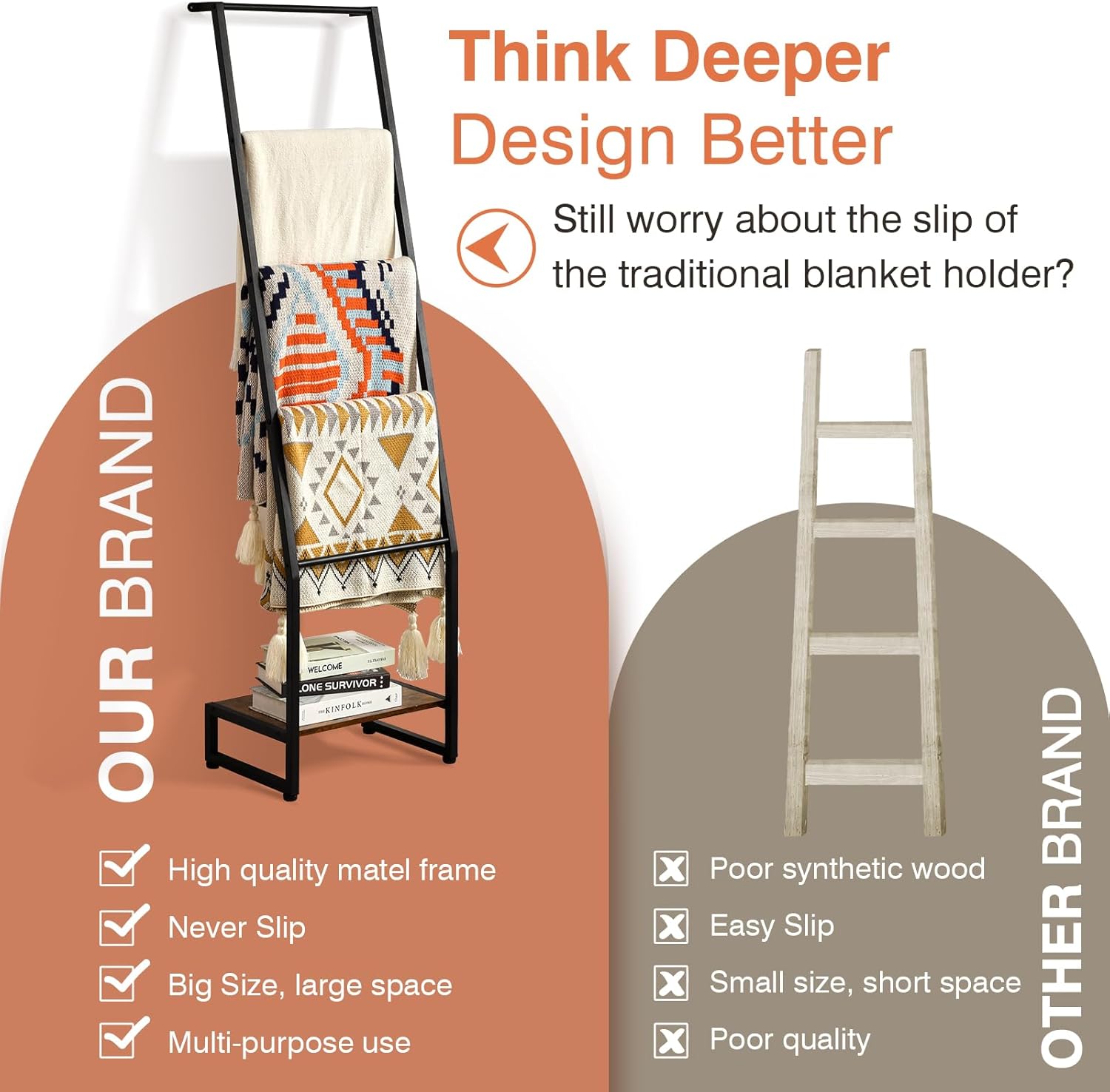 5 Tier Wooden Blanket Ladder for Living Room Bedroom Storage, Rustic Brown and Black R86079