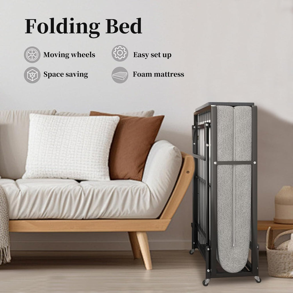 Folding Bed with 4-Inch Mattress, Metal Cot for Adults on Wheels F49016