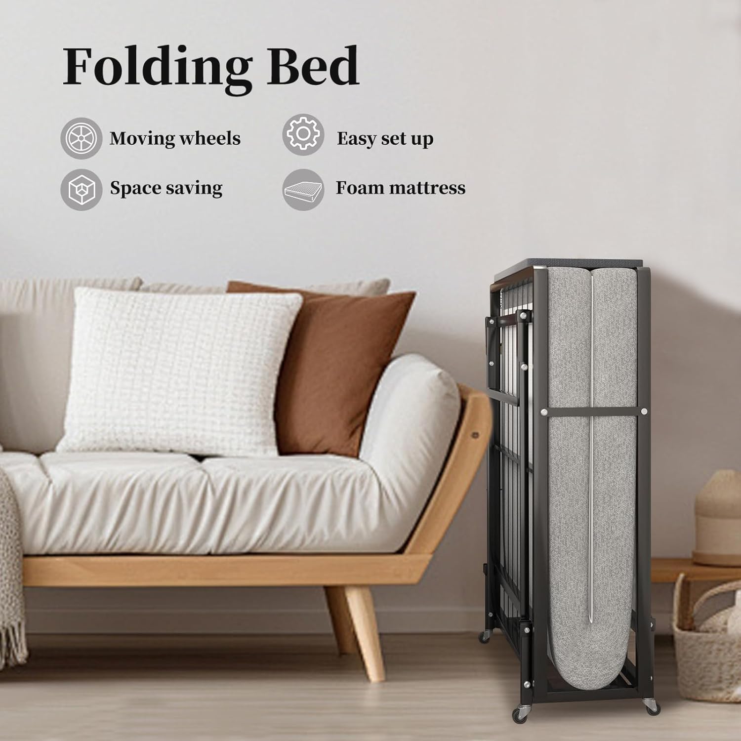 Folding Bed with 4-Inch Mattress, Metal Cot for Adults on Wheels F49016