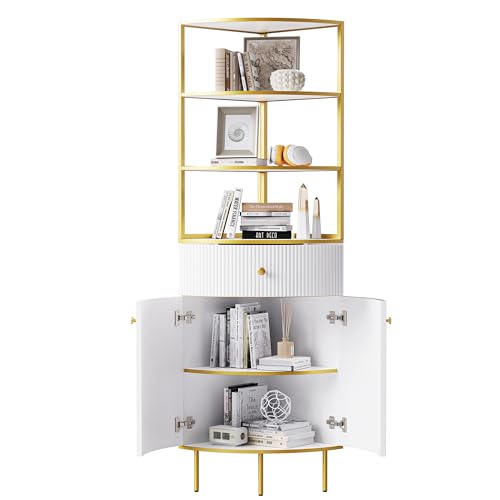 Modern Tall Corner Cabinet with Storage, White and Gold Metal Frame M43487