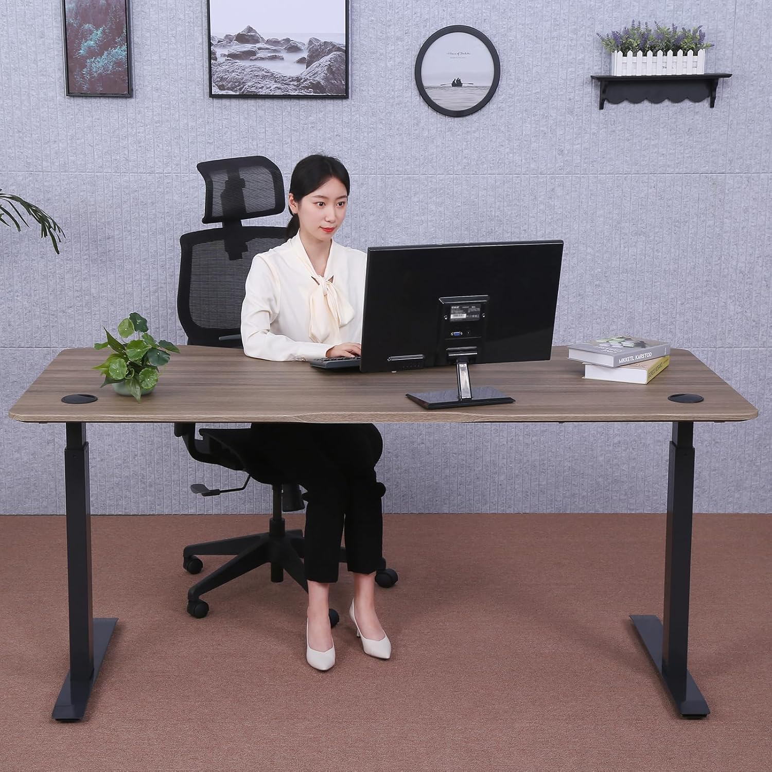 ApexDesk Elite Pro Series Electric Height Adjustable Desk, Curved Teak Top, Black Frame K383276