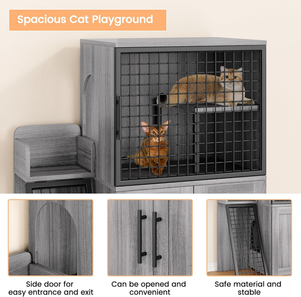 Towallmark Modern Villa Cat Litter Box Enclosure with Platform, Large Cat Cabinet, Wax Wood E336