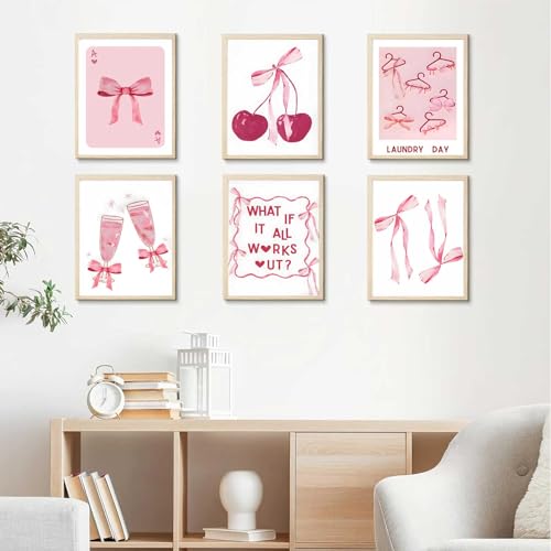 6Pcs Pink Bows Wall Art, Coquette Posters for Room Decor, Unframed 8x10in L544