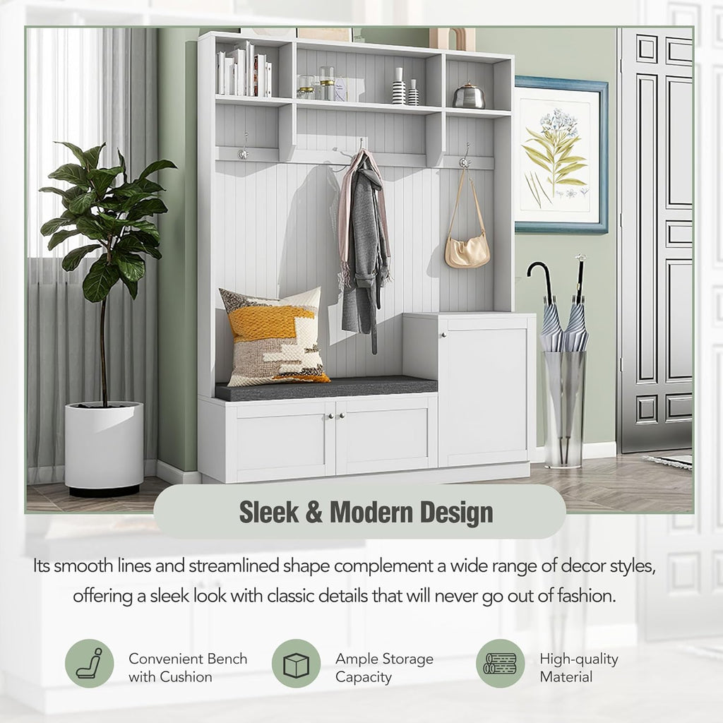 Entryway Hall Tree with Cushion Bench and Shoe Storage, White T38054