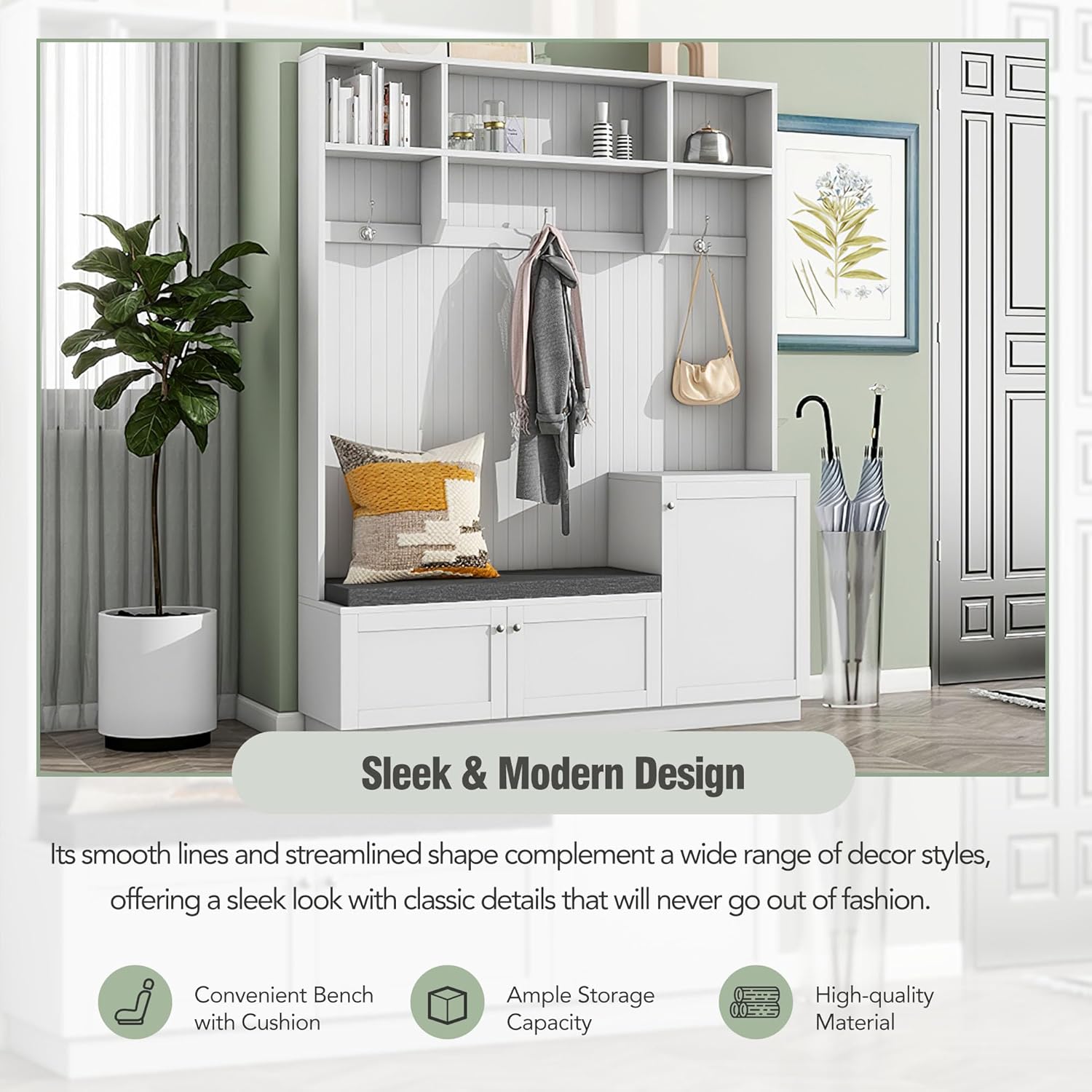 Entryway Hall Tree with Cushion Bench and Shoe Storage, White T38054