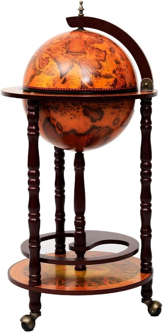 36 Inches Vintage Italian Wood Globe Bar Shelf with Wheels I36734