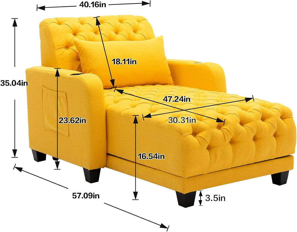 Button Tufted Chaise Lounge Sofa Bed with Pillow, Yellow P345