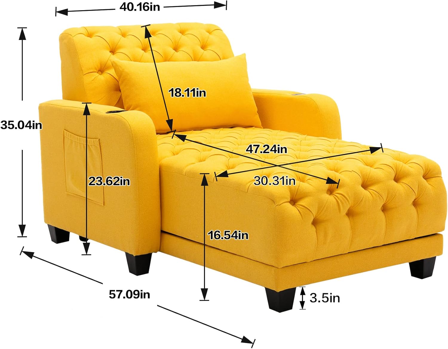 Button Tufted Chaise Lounge Sofa Bed with Pillow, Yellow P345
