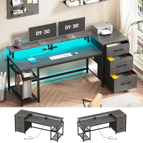 SEDETA 59" Office Desk with Drawers, LED Lights & Power Outlet, Black H1735
