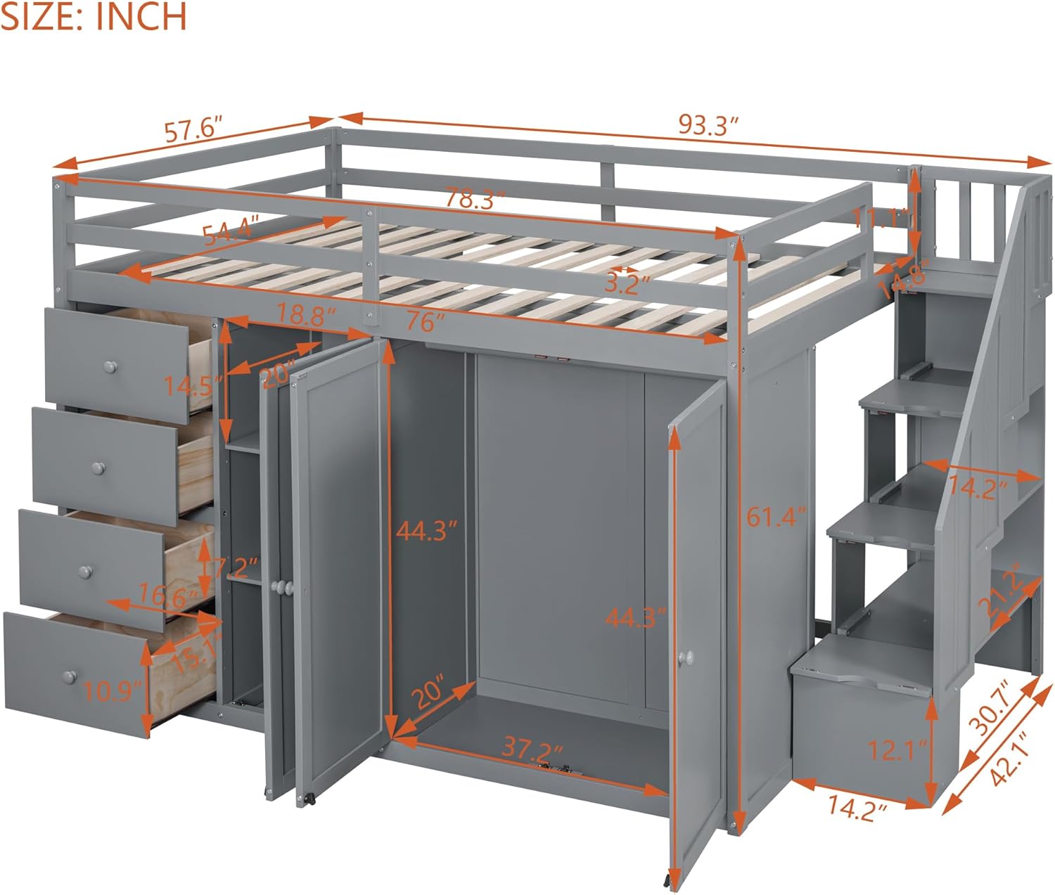 Full Size Wooden Loft Bed with Built-in Wardrobes and Staircase, Gray R8935