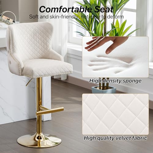 Velvet Barstools Set of 2, Counter Height Adjustable Swivel with Golden Lion Head Ring, Beige C6486