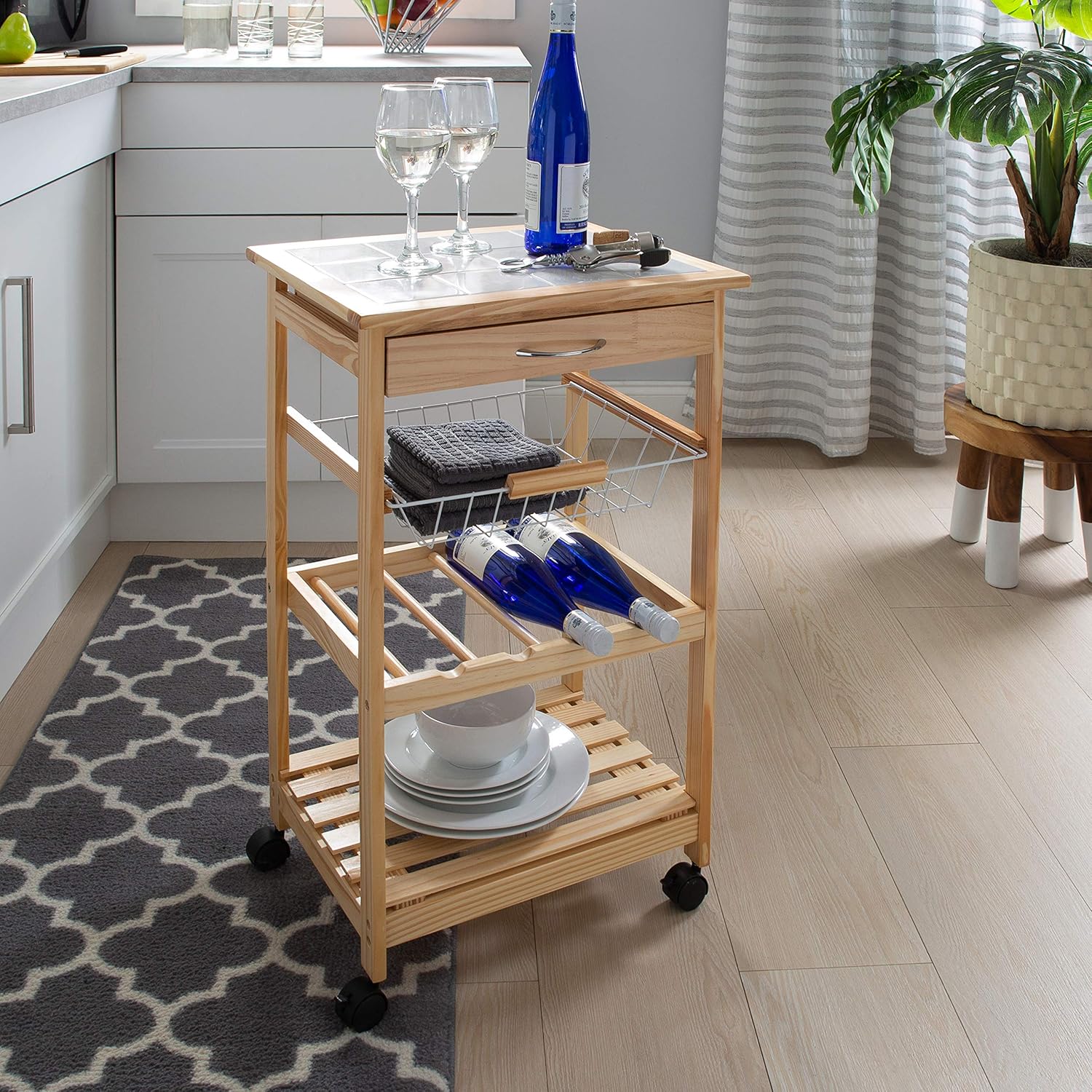 Natural Pinewood Mobile Kitchen Cart with Tile Top, Light Tan C8472