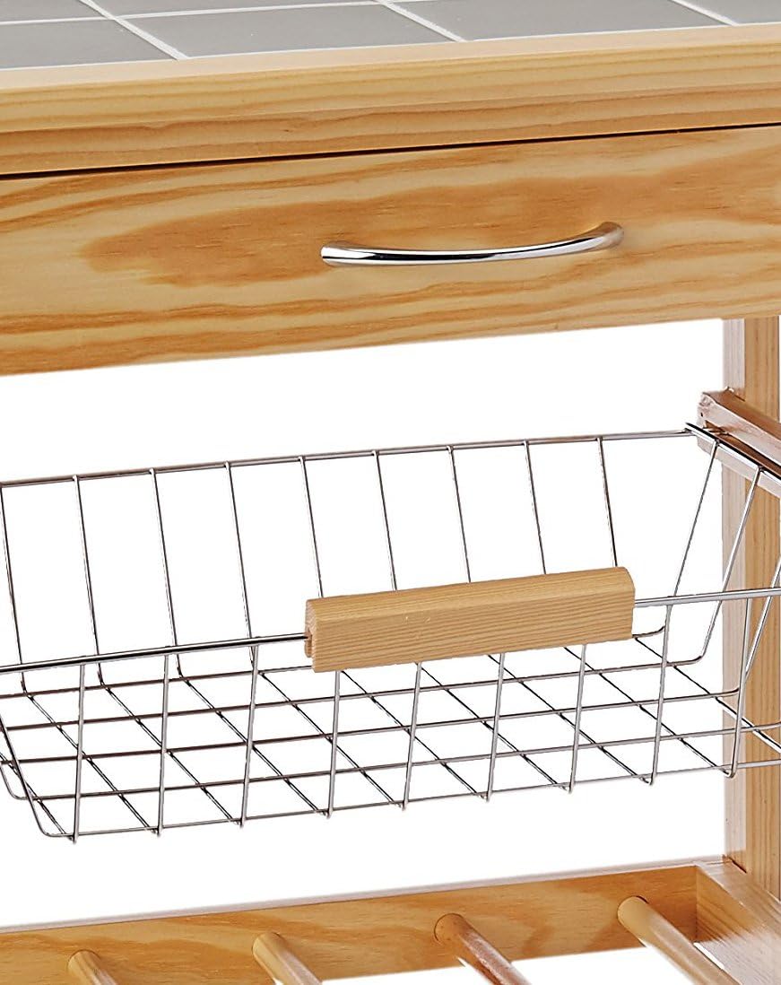 Natural Pinewood Mobile Kitchen Cart with Tile Top, Light Tan C8472