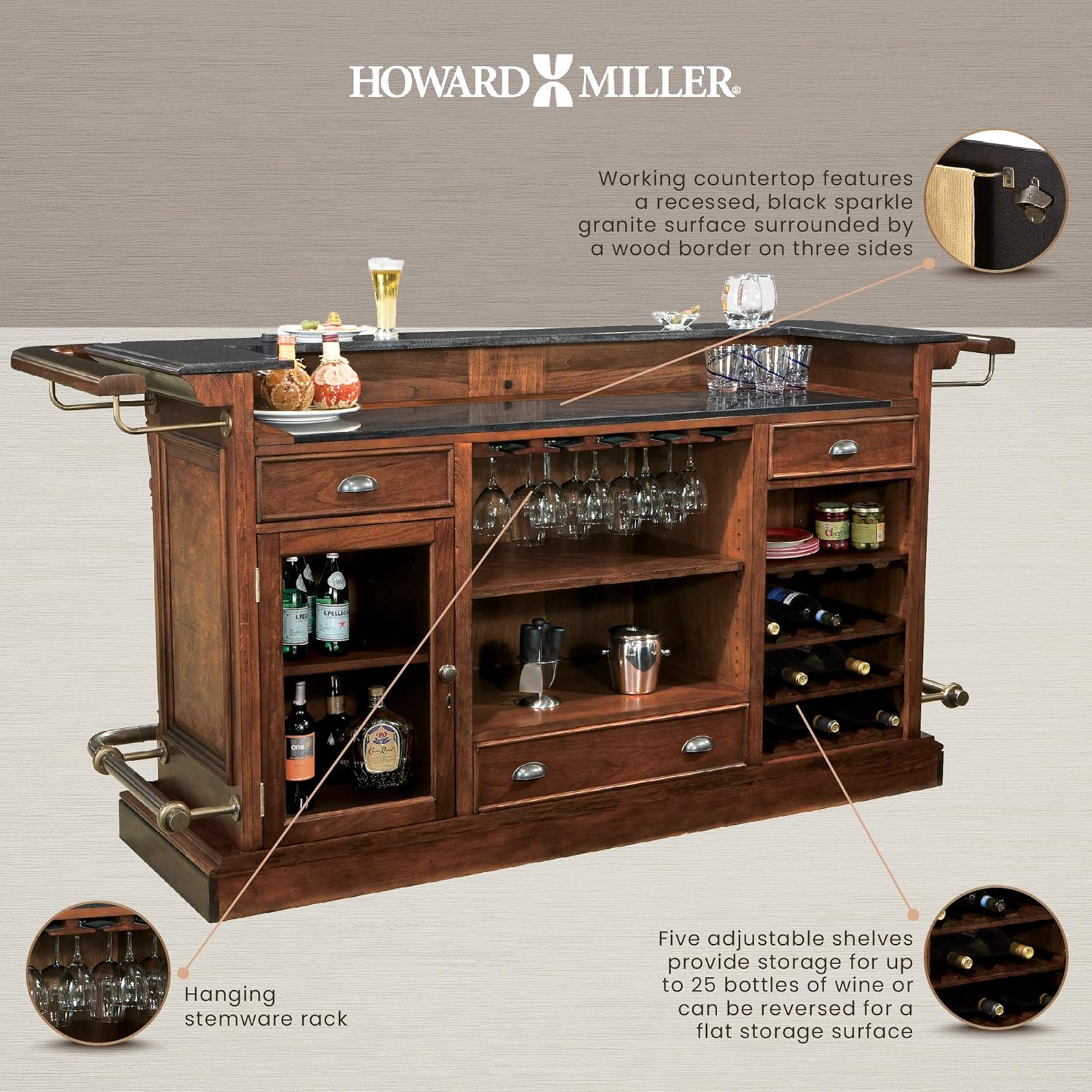 Howard Miller Cheers Bar 693-027 Hampton Cherry Finish Home Bar with Locking Door L4275