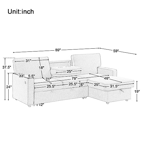 Pull Out Sofa Bed with Storage, USB Port and Cup Holders, Gray X704