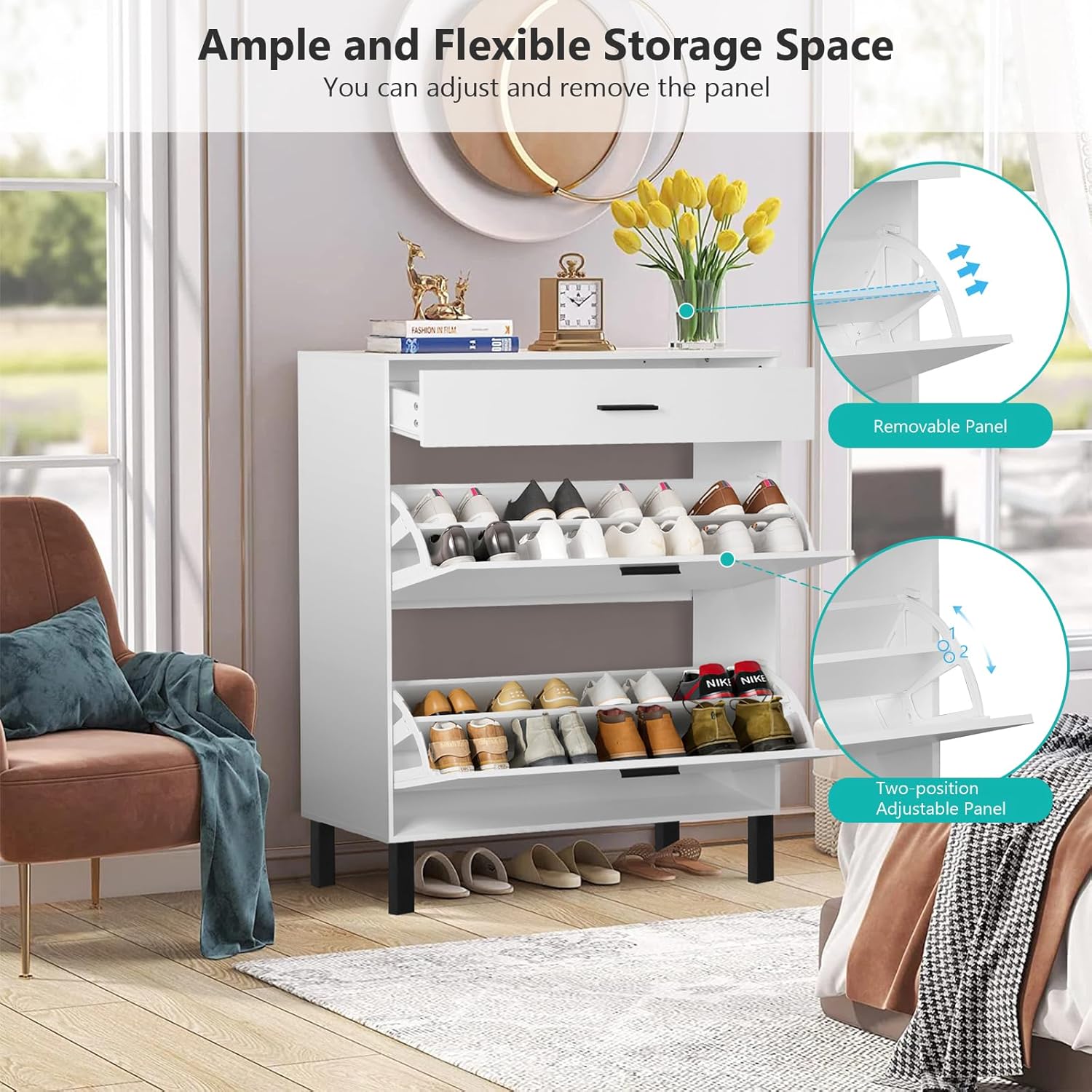 Slim Shoe Cabinet with 2 Flip Drawers White Wooden Storage for Entryway T152