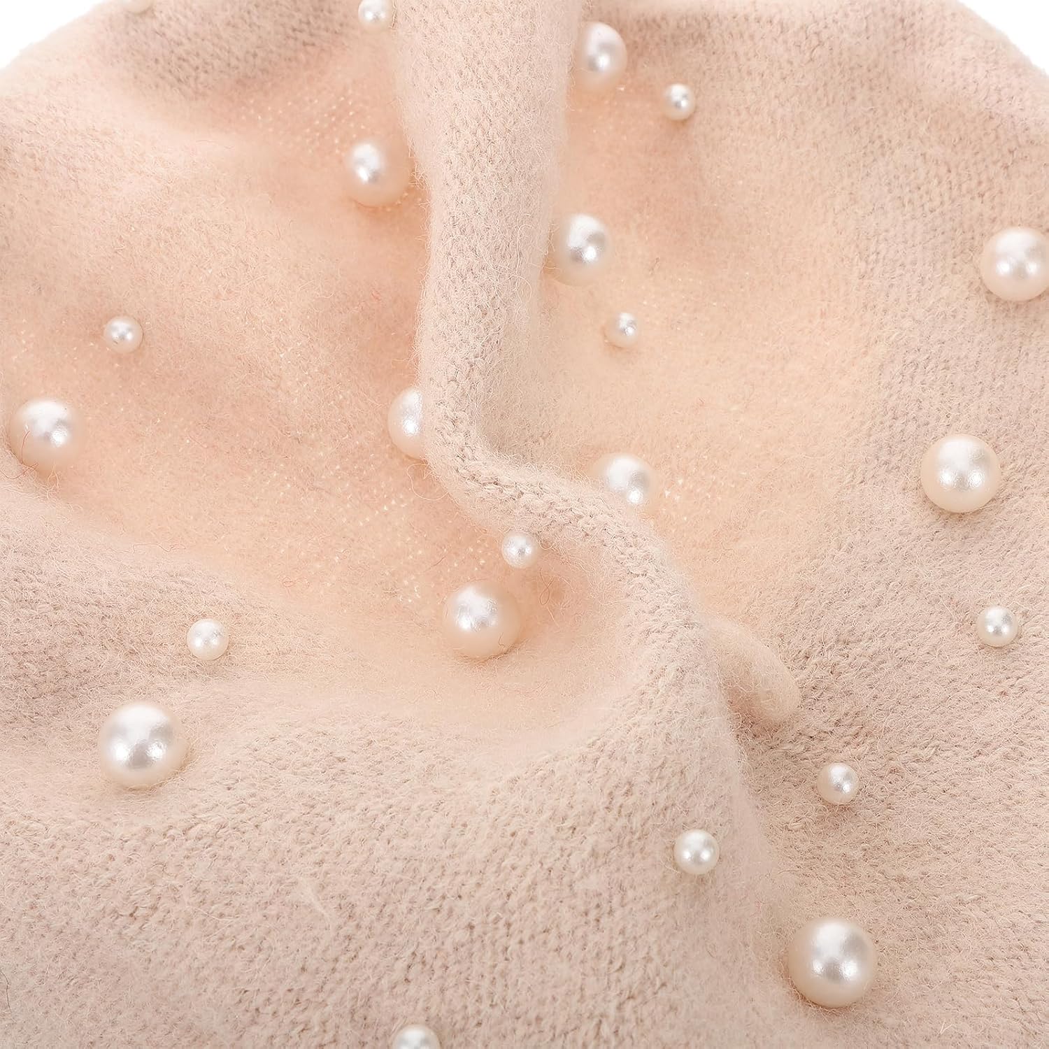 Beret Pearl Autumn Winter Cashmere Starry Beaded Wool Beret Beige V148989