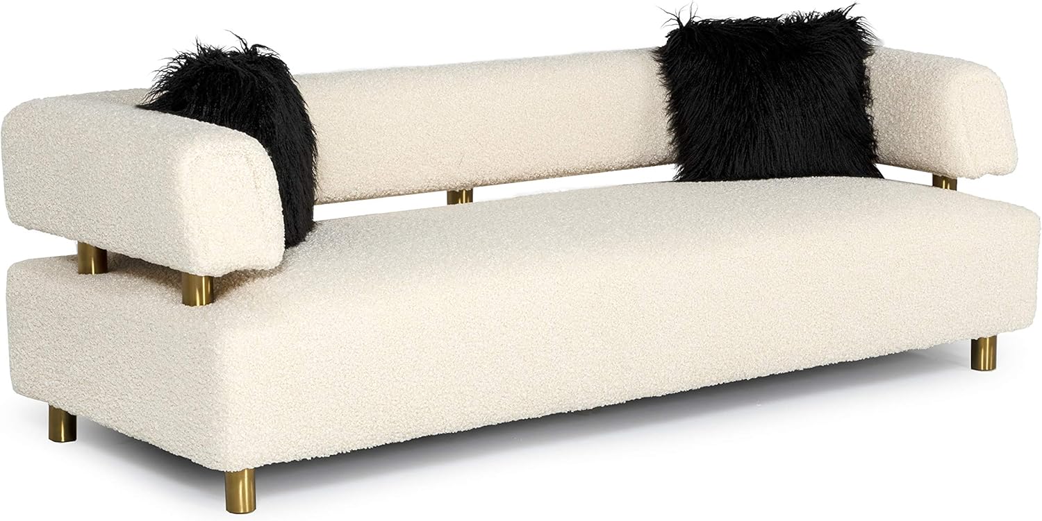 Blanka Collection Glam Style Polyester Fabric Upholstered Sofa with Tuxedo Arms and Brushed Gold Stainless Steel Legs, Beige