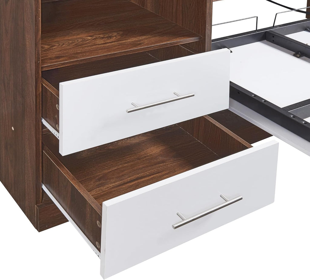 Twin Size Murphy Wall Bed with Cabinet and Storage Drawers, White R7825