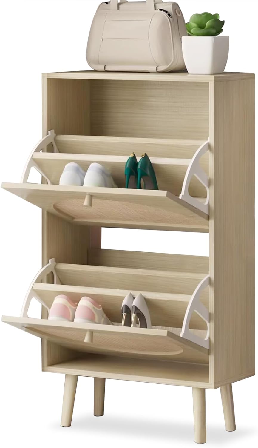 Slim Shoe Cabinet with 2 Flip-Drawers, Rattan Shoe Storage for Entryway C995817
