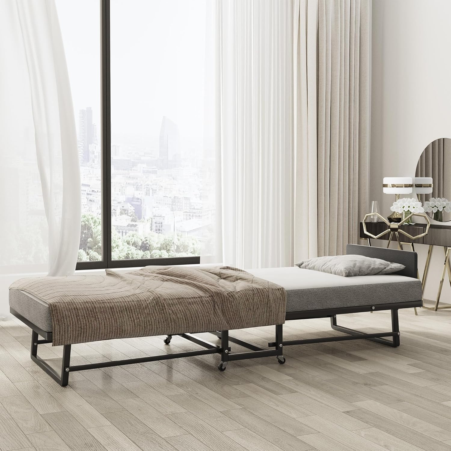 Folding Bed with 4-Inch Mattress, Metal Cot for Adults on Wheels F49016